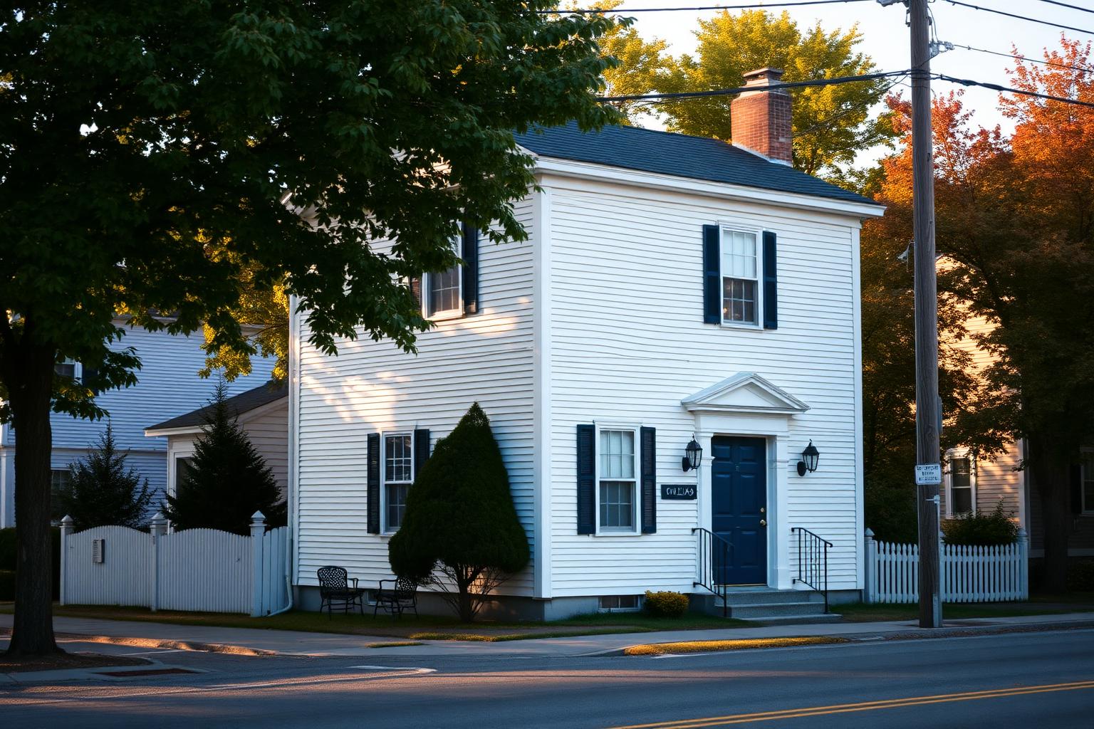 A white clapboard colonial home on a tree-lined New Hampshire street